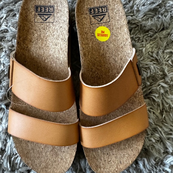 Reef Shoes - Reef Tan Leather-Look Double Strap Slides